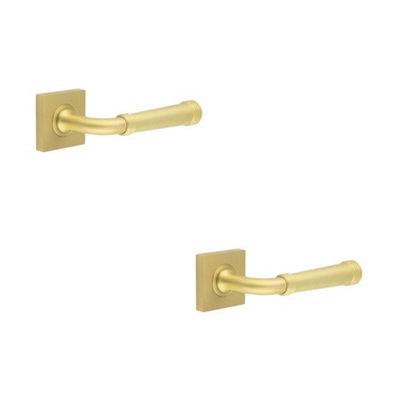 2 PACK Elegant Square Satin Brass Door Handle with Contemporary Design - Solid Brass Interior Handle