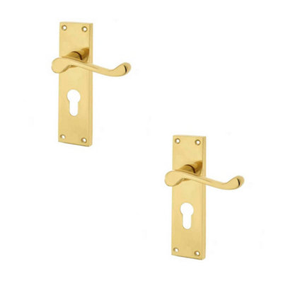 2 PACK Elegant Victorian Scroll Door Handle with Euro Profile Lockplate in Polished Brass Finish - Interior Lever on Backplate