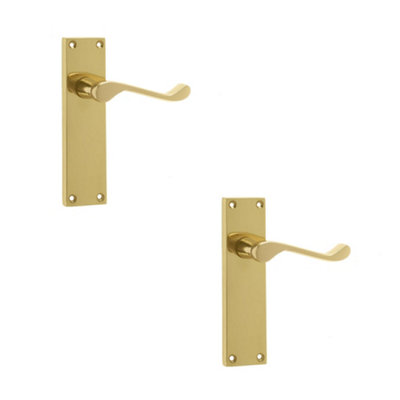 2 PACK Elegant Victorian Scroll Door Handle with Long Polished Brass Latchset Plate - Interior Lever on Backplate