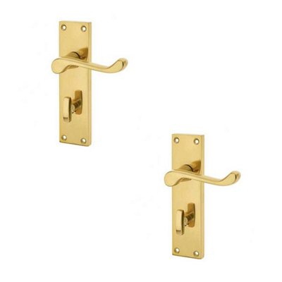 2 PACK Elegant Victorian Scroll Door Handle with Polished Brass Finish for Bathroom Plates - Interior Lever on Backplate