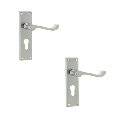 2 PACK Elegant Victorian Scroll Door Handle with Satin Chrome Finish for Euro Profile Locks - Interior Lever on Backplate