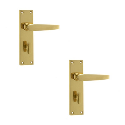 2 PACK Elegant Victorian Straight Door Handle in Polished Brass for Bathrooms - Interior Lever on Backplate