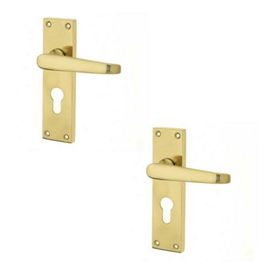 2 PACK Elegant Victorian Straight Door Handle in Polished Brass for Euro Profile Lockplates - Interior Lever on Backplate