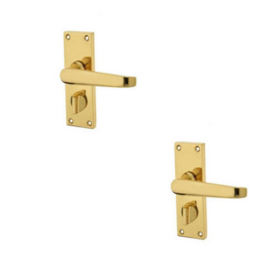 2 PACK Elegant Victorian Straight Door Handle on Privacy Plate in Polished Brass Finish - Interior Lever on Backplate