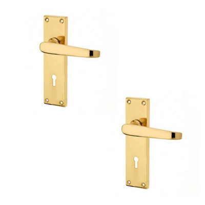 2 PACK Elegant Victorian Straight Door Handle with Lockplate in Polished Brass Finish - Interior Lever on Backplate