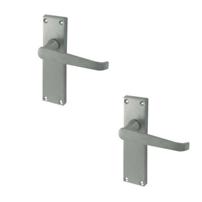 2 PACK Elegant Victorian Straight Door Handle with Long Latchset Plate in Satin Chrome Finish - Interior Lever on Backplate