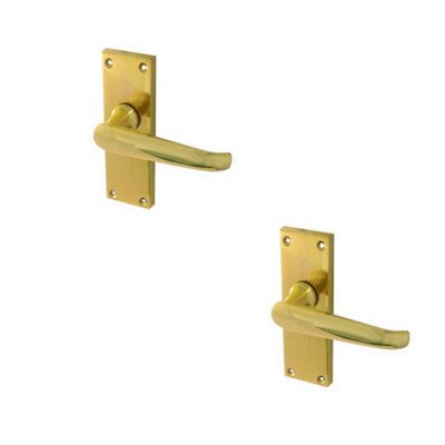 2 PACK Elegant Victorian Straight Door Handle with Polished Brass Finish - Interior Lever on Backplate