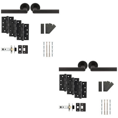 2 PACK - Fire Door Rated Handle & Latch Pack SetMatt Black Mitred Bar Screwless Round Rose