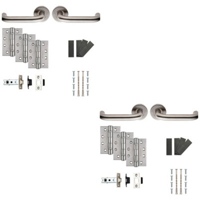 2 PACK - Fire Door Rated Handle & Latch Pack SetSatin Steel Curved Bar Screwless Round Rose