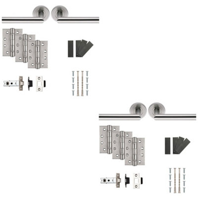 2 PACK - Fire Door Rated Handle & Latch Pack SetSatin Steel Mitred Bar Screwless Round Rose