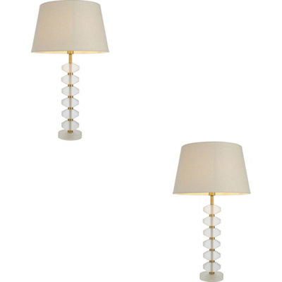 2 PACK Frosted Crystal Table Lamp - Ivory Linen Mix Fabric Shade - 630mm Tall Light - 7W LED E14