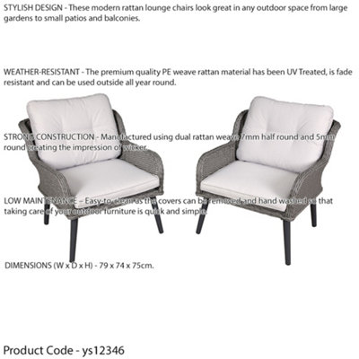 2 PACK Garden Dining Armchairs & Cushions - Grey Rattan Wicker Outdoor Seating