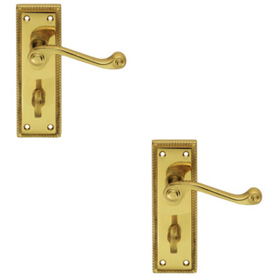 2 PACK - Georgian Scroll Bathroom Latch Door Handle - Polished Brass Lever on Backplate