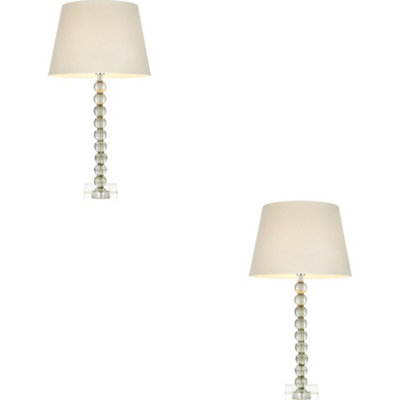 2 PACK Grey Green Tinted Crystal Glass Table Lamp - Ivory Fabric Shade - 590mm Tall Light - 7W LED E14