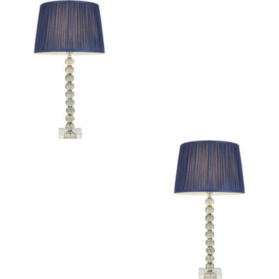 2 PACK Grey Green Tinted Crystal Glass Table Lamp - Midnight Blue Silk Shade - 595mm Tall Light - 7W LED E14