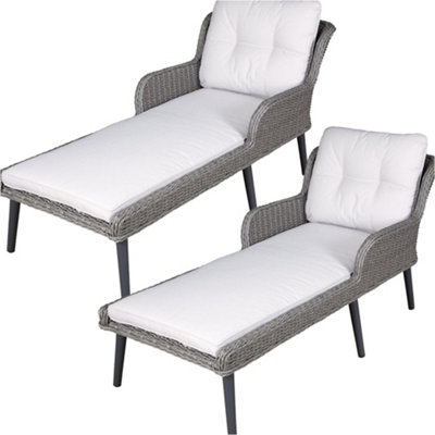 2 PACK Grey Rattan Wicker Garden Sun Lounger & Cushion - Outdoor Chaise Lounge