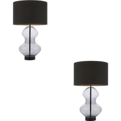 2 PACK Grey Tinted Glass Table Lamp - Black Cotton Fabric With Matt Black Paint Shade - Dimmable 10W LED E27