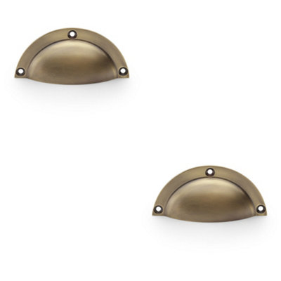 2 PACK - Half Moon Cup Handle - Antique Brass 86mm Centres Solid Brass Shaker Drawer Pull
