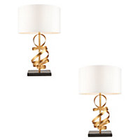 2 PACK Hammered Gold Ribbon Table Lamp Light & Ivory Shade - Black Marble Base