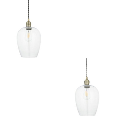 2 PACK Hanging Ceiling Pendant Light - Antique Brass Plate & Clear Glass - 10W LED E27