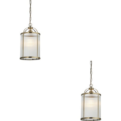 2 PACK Hanging Ceiling Pendant Light - Antique Brass Plate & Clear Ribbed Glass - 10W LED E27