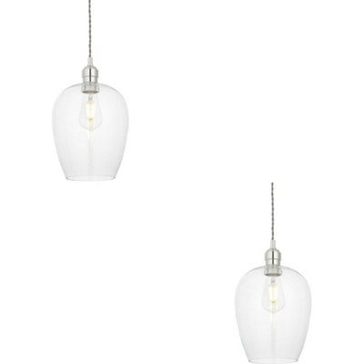 2 PACK Hanging Ceiling Pendant Light - Bright Nickel Plate & Clear Glass - 10W LED E27