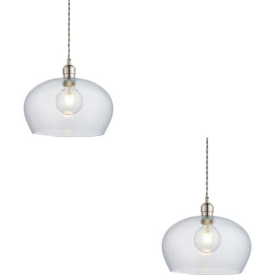 2 PACK Hanging Ceiling Pendant Light - Bright Nickel Plate & Clear Hammered Dome Glass - 10W LED E27