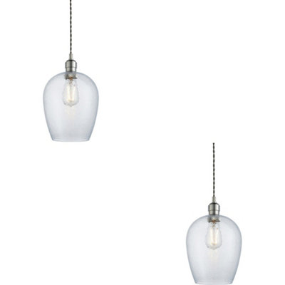 2 PACK Hanging Ceiling Pendant Light - Bright Nickel Plate & Clear Hammered Glass - 10W LED E27