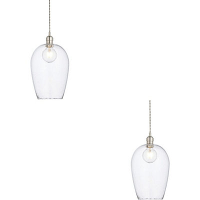 2 PACK Hanging Ceiling Pendant Light - Bright Nickel Plate & Clear Hammered Large Glass - 10W LED E27