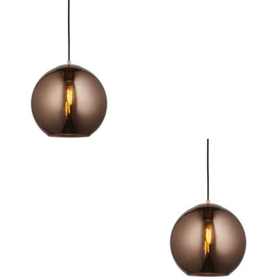 2 PACK Hanging Ceiling Pendant Light - Copper Mirrored Glass & Matt Black Paint - 10W LED E27