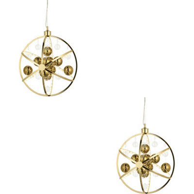 2 PACK Hanging Ceiling Pendant Light - Gold Effect Plate With Clear & Gold Glass - 8.53W LED (Smd 2835) Warm White