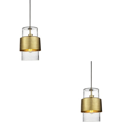 2 PACK Hanging Ceiling Pendant Light - Hammered Brass Plate & Textured Clear Glass - 10W LED E27
