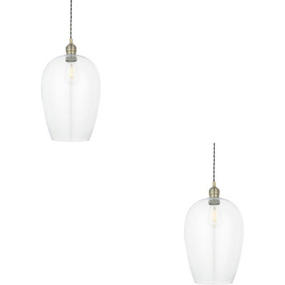 2 PACK Hanging Ceiling Pendant Light - Large Antique Brass Plate & Clear Glass - 10W LED E27