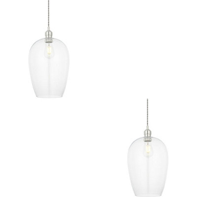 2 PACK Hanging Ceiling Pendant Light - Large Bright Nickel Plate & Clear Glass - 10W LED E27