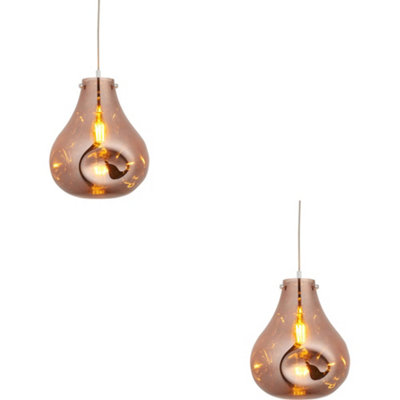 2 PACK Hanging Ceiling Pendant Light - Large Copper Metallic Glass & Chrome Plate - 10W LED E27