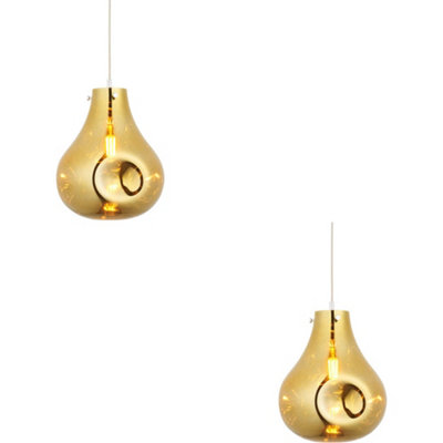 2 PACK Hanging Ceiling Pendant Light - Large Gold Metallic Glass & Chrome Plate - 10W LED E27
