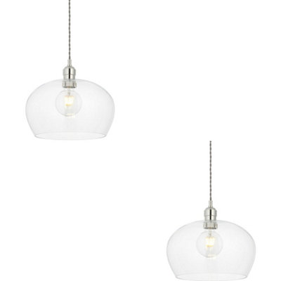 2 PACK Hanging Ceiling Pendant Light - Medium Bright Nickel Plate & Clear Glass - 10W LED E27