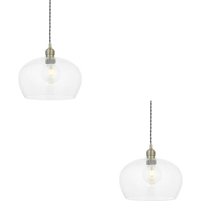 2 PACK Hanging Ceiling Pendant Light - Medum Antique Brass Plate & Clear Glass - 10W LED E27
