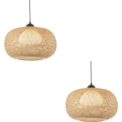 2 PACK Hanging Ceiling Pendant Light - Natural Bamboo White Pc & Matt Black - 10W LED E27