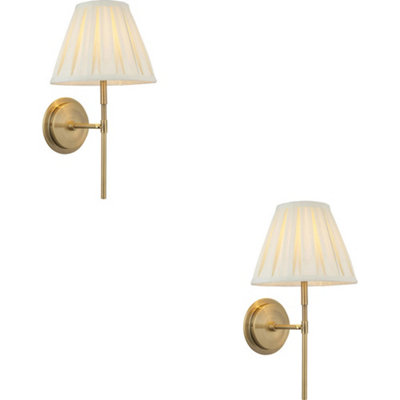 2 PACK Indoor Antique Brass Plate Wall Light - Cream Fabric Shade - Dimmable 6W LED E14