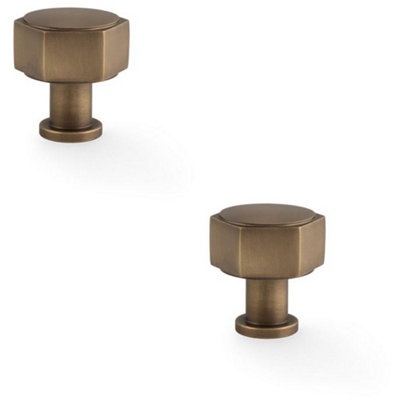 2 PACK - Industrial Hex Cabinet Door Knob - 33mm Antique Brass Cupboard ...