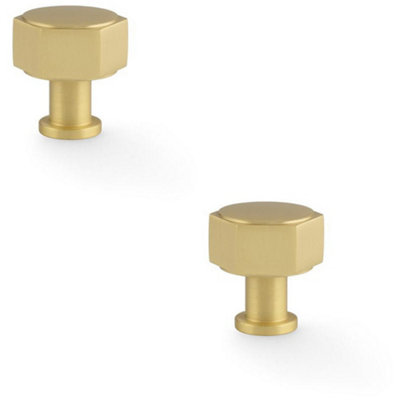 2 PACK - Industrial Hex Cabinet Door Knob - 33mm Satin Brass Cupboard Pull Handle