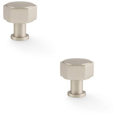2 PACK - Industrial Hex Cabinet Door Knob - 33mm Satin Nickel Cupboard Pull Handle