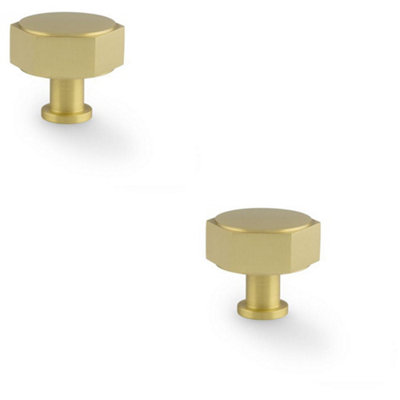 2 PACK - Industrial Hex Cabinet Door Knob - 40mm Satin Brass Cupboard Pull Handle
