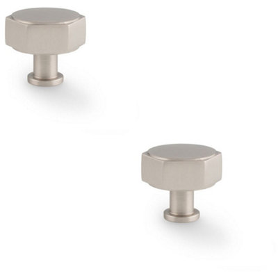 2 PACK - Industrial Hex Cabinet Door Knob - 40mm Satin Nickel Cupboard Pull Handle