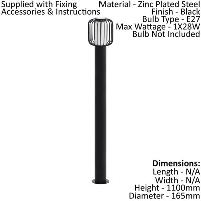2 PACK IP44 Outdoor Bollard Light Black Zinc Plated Steel 1x 28W E27 Post