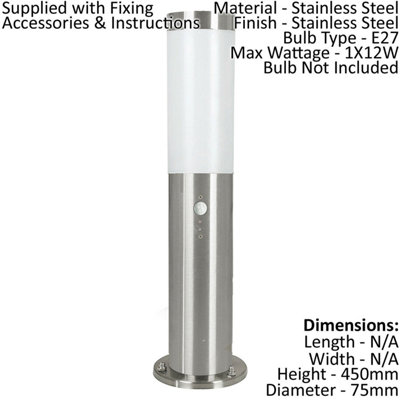 2 PACK IP44 Outdoor Bollard Light & PIR Sensor Stainless Steel 450mm Lamp Post