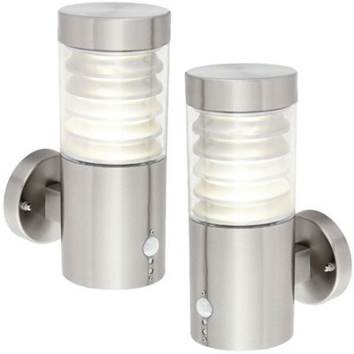 2 PACK IP44 Outdoor LED Light Brushed Steel Spiralled Outdoor PIR Wall Lamp
