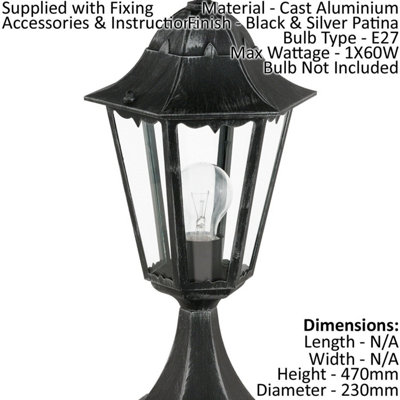 2 PACK IP44 Outdoor Pedestal Light Black & Silver Patina Lantern 1x 60W E27