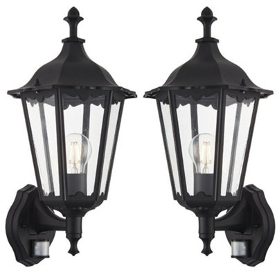 2 PACK IP44 Outdoor PIR Light Matt Black & Glass Traditional Wall Lantern Motion